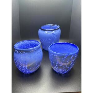 Lot of 3 Blue Hand Blown Art Glass Vaces